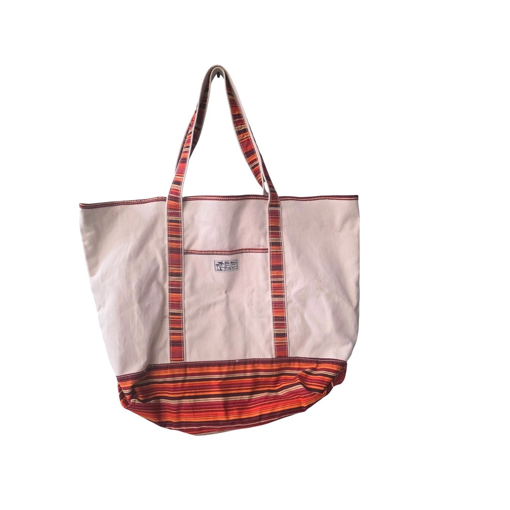 Old Navy Canvas Tote Bag Cream Orange Red Striped Large Beach Bag‎ Shoulder Bag